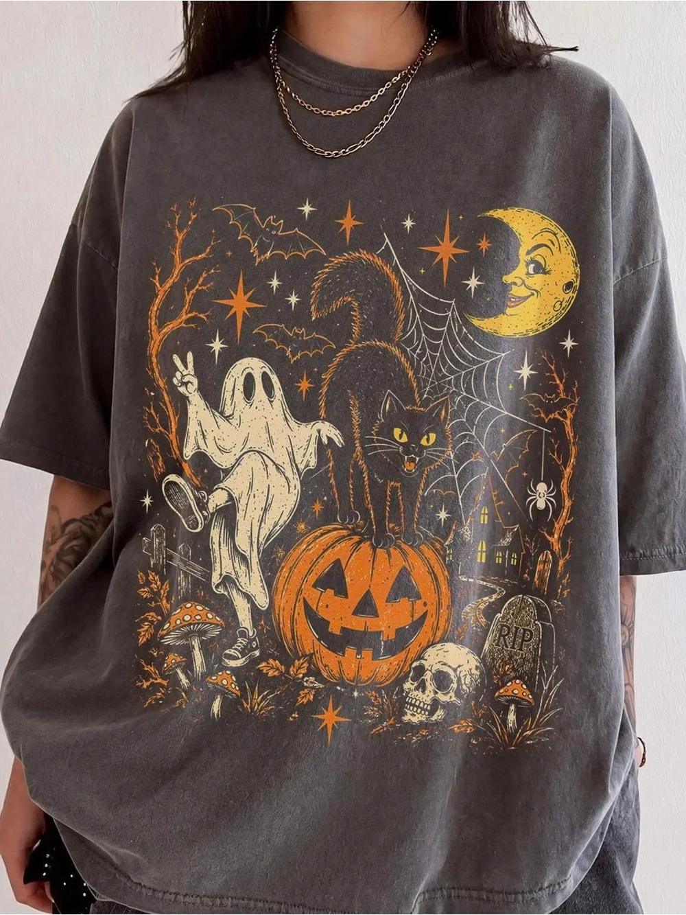 Halloween Graphic Tee - Black with Orange Print
